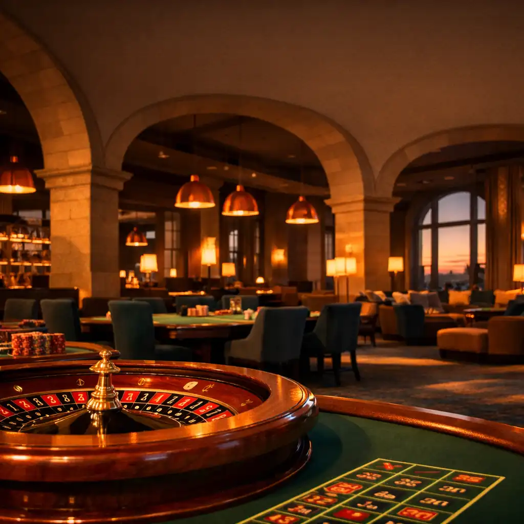 Sophisticated casino floor at dusk with sandstone arches, copper pendant lights, and a roulette table in the foreground