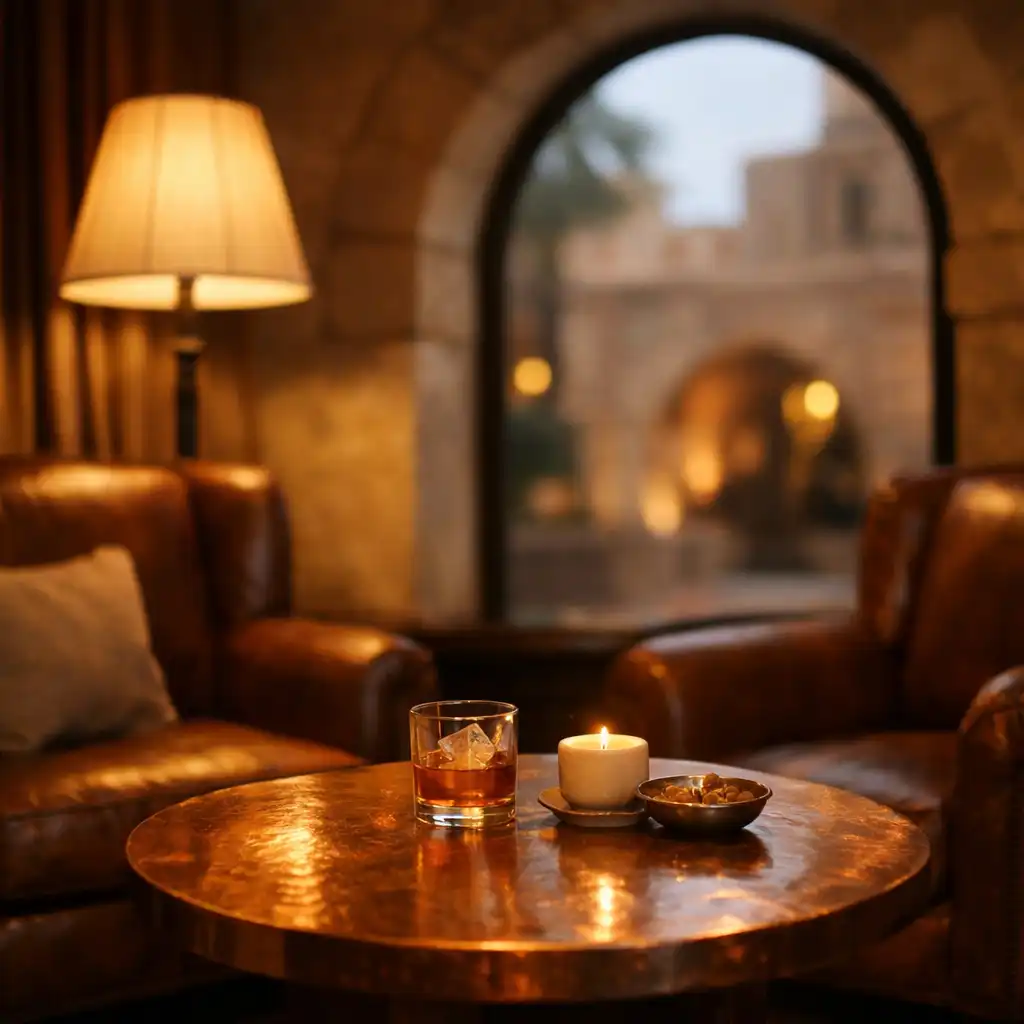 An intimate lounge corner with a copper-topped table, leather armchairs, and a warm floor lamp