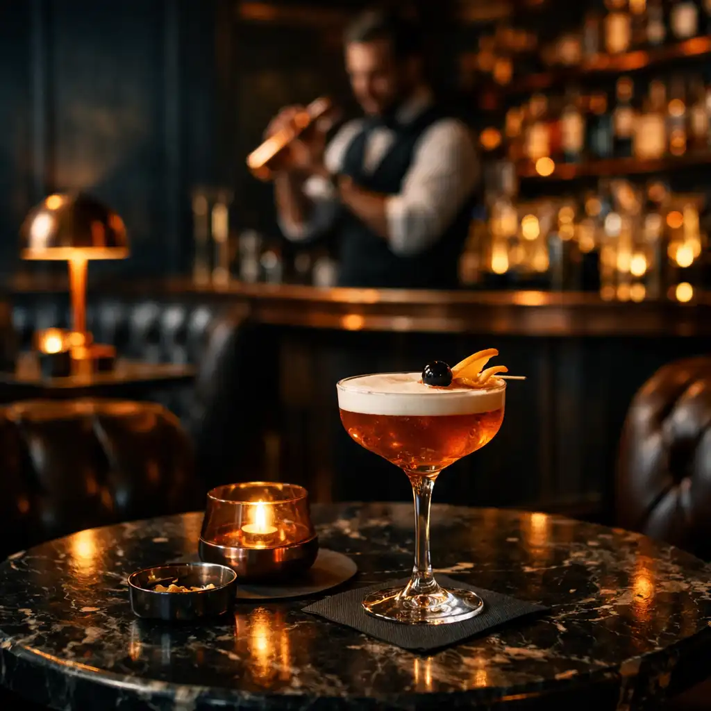 Moody cocktail lounge with deep petrol walls, plush seating, and a bartender crafting a cocktail with a copper shaker
