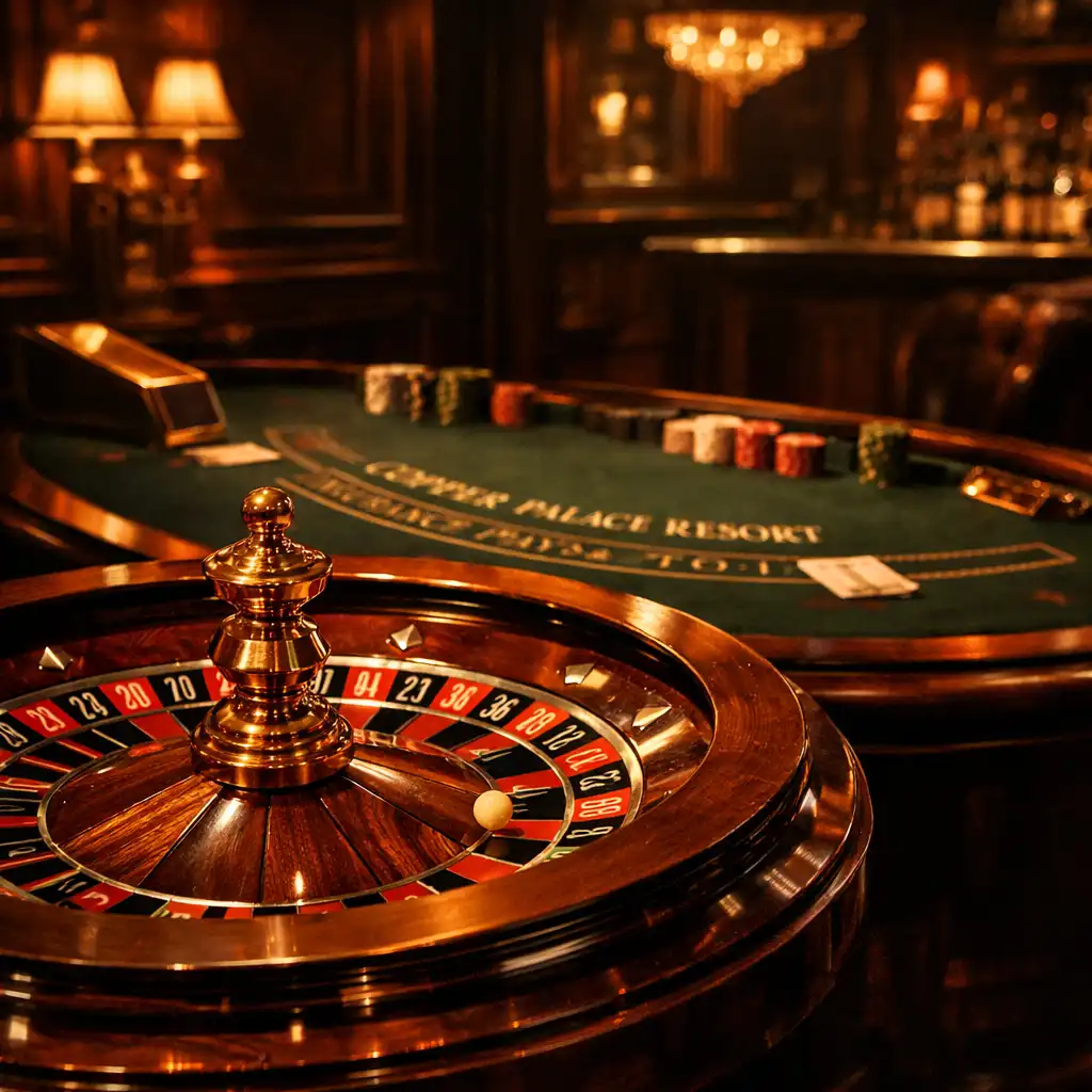 A moody casino table at Copper Palace Resort with a roulette wheel and blackjack table under warm copper lighting