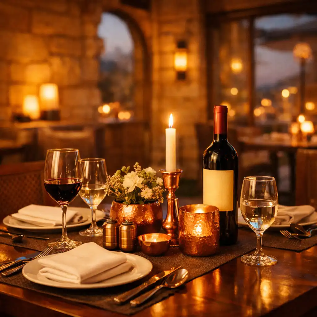 A warm restaurant dining area at Copper Palace Resort with a set table, copper candle holders, sandstone walls and large windows overlooking the terrace