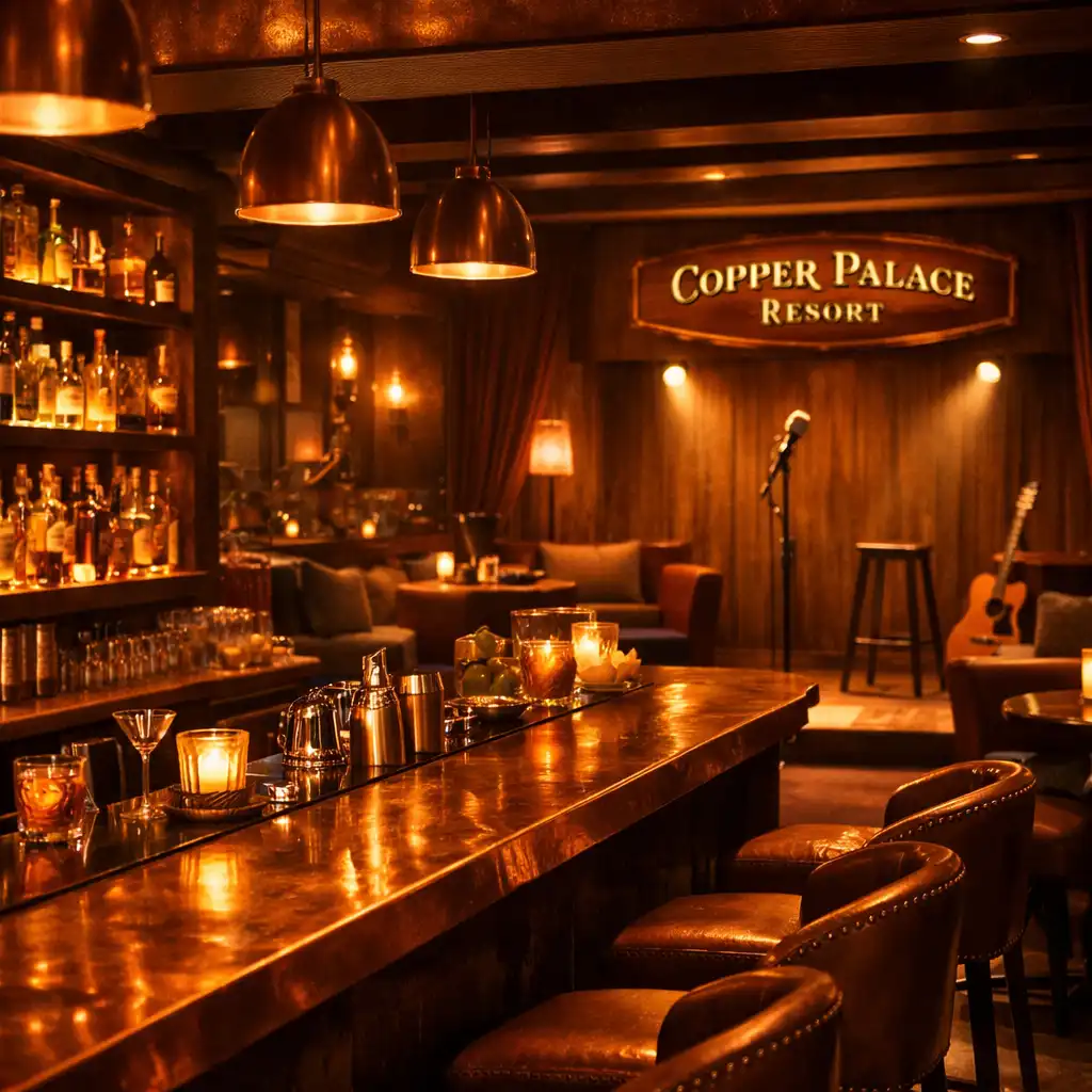 A warm evening lounge at Copper Palace Resort with a backlit bar, comfortable seating and a small stage with a microphone