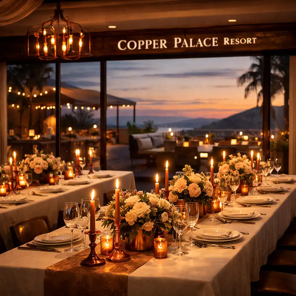 An elegant event space at Copper Palace Resort set for a private celebration with long tables, copper candle holders, floral arrangements and large windows overlooking the terrace at dusk
