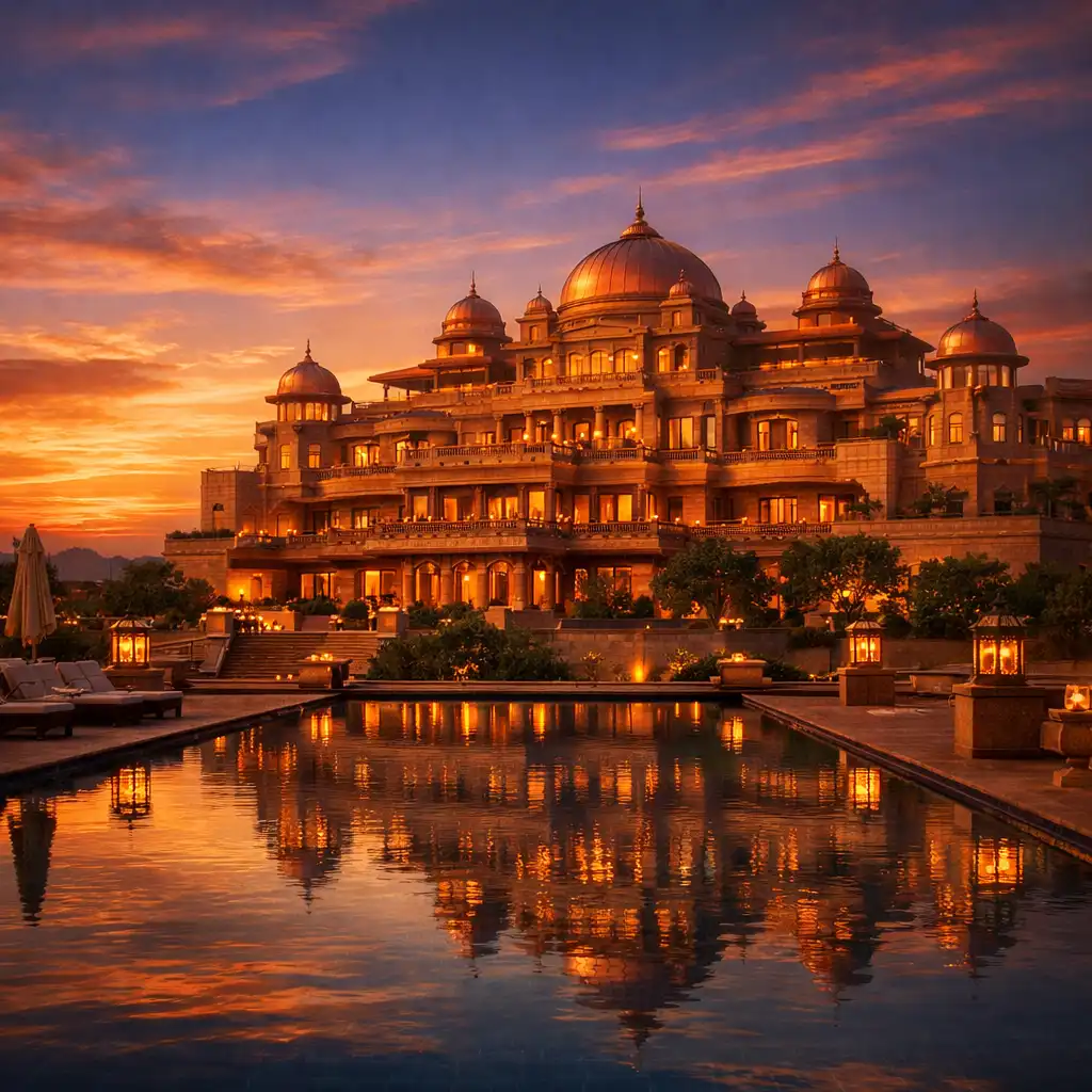 Copper Palace Resort at sunset, viewed from the pool terrace with the illuminated hotel structure and warm evening sky