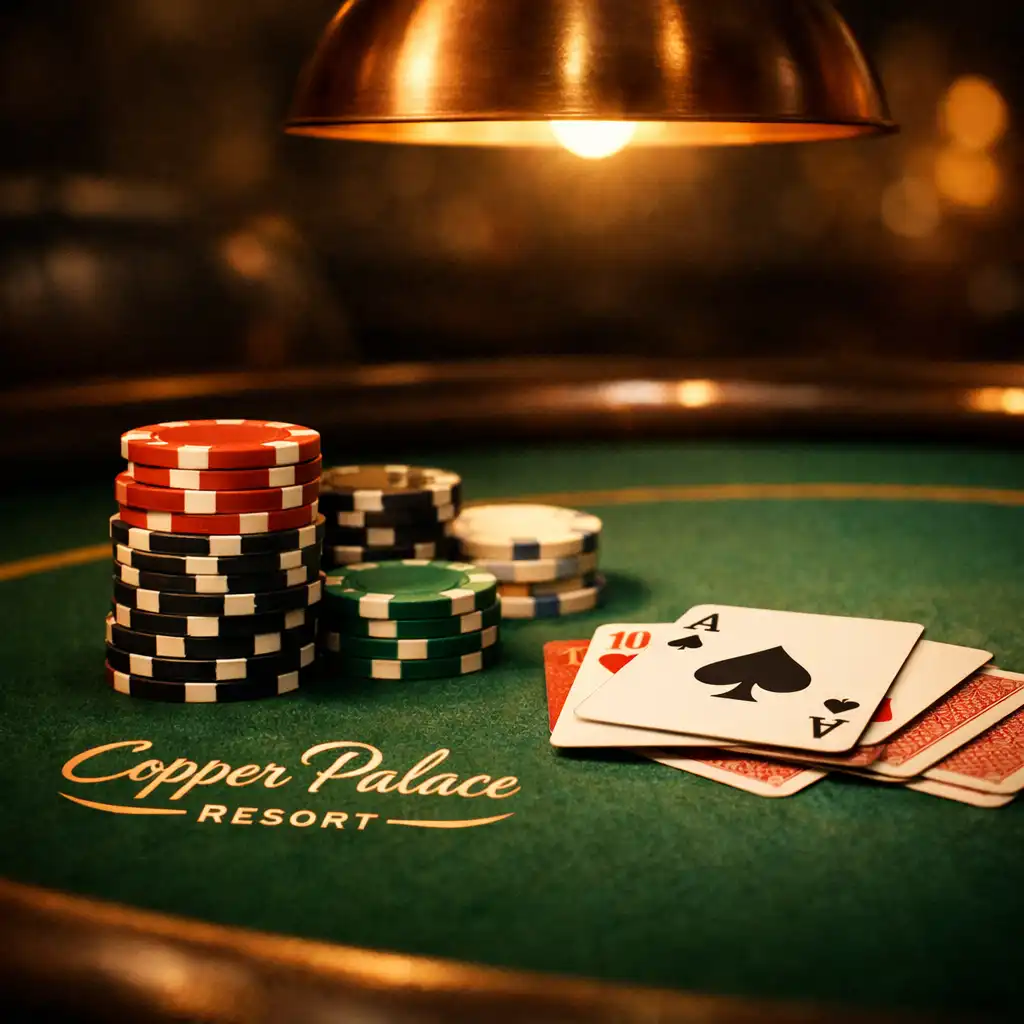 A close-up of a poker table at Copper Palace Resort with a green felt surface, a stack of poker chips and playing cards under warm focused lighting