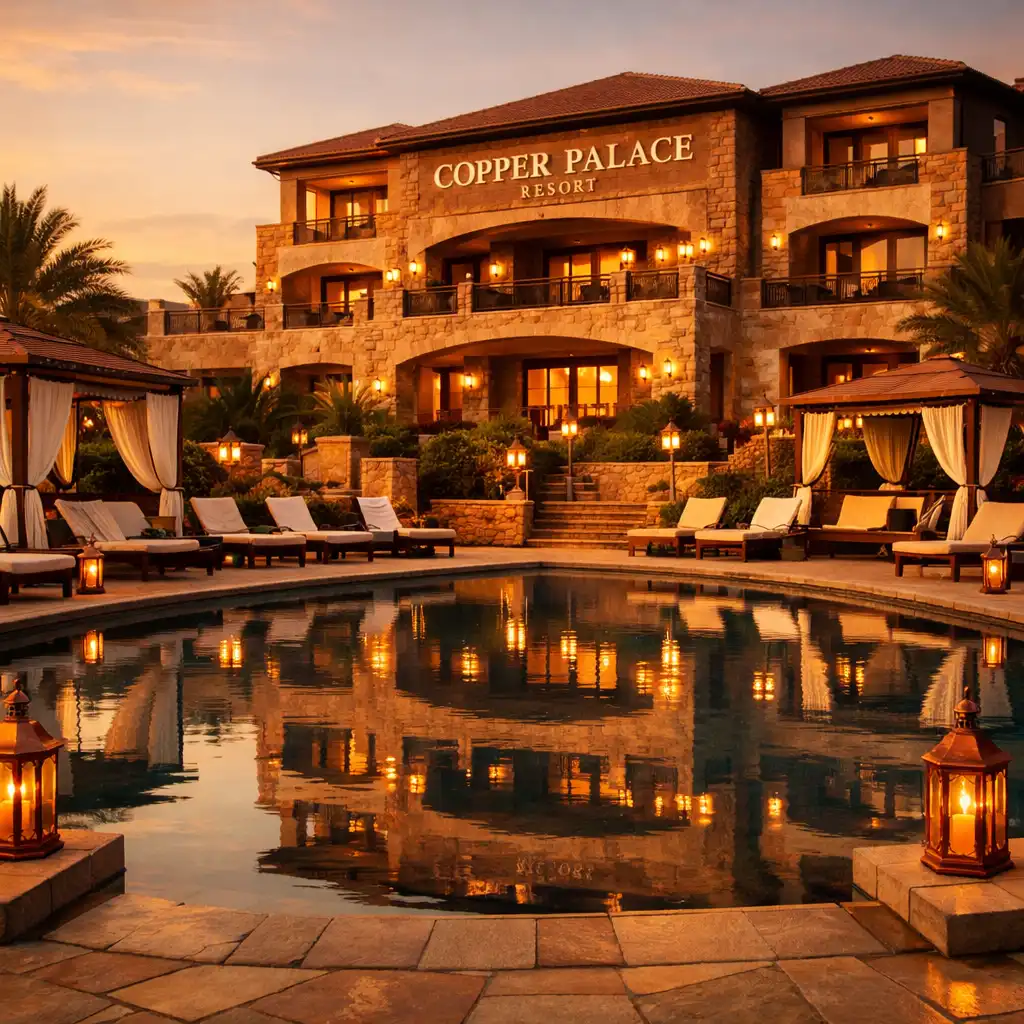 The serene pool terrace at Copper Palace Resort during golden hour, with calm reflective water, lounge chairs, shaded cabanas and the warm hotel structure behind