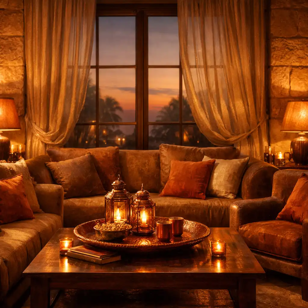 A cozy private lounge at Copper Palace Resort with plush seating in warm earth tones, a low coffee table with a copper tray and soft ambient lighting