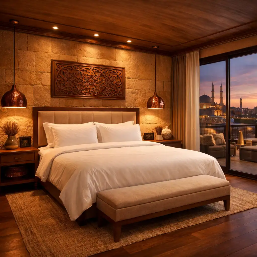 A spacious luxury suite at Copper Palace Resort with a king-sized bed, warm sandstone walls, copper light fixtures and large windows overlooking the terrace