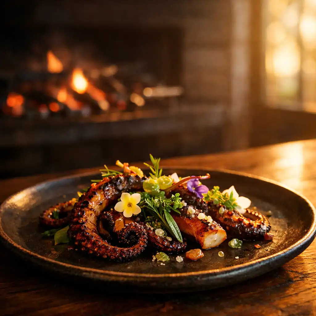Charred octopus with finger lime on a dark ceramic plate, with a wood-fired grill glowing softly in the background