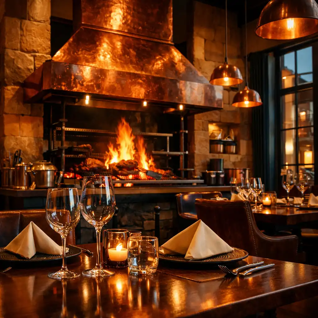 Interior of The Ember Room with an open fire grill, warm sandstone walls, and copper light fixtures