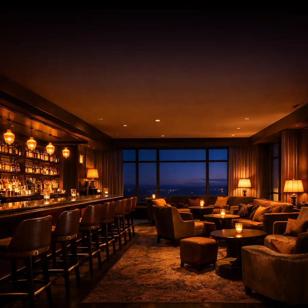 A luxurious hotel lounge interior at dusk with warm copper lighting, plush seating, and a long bar