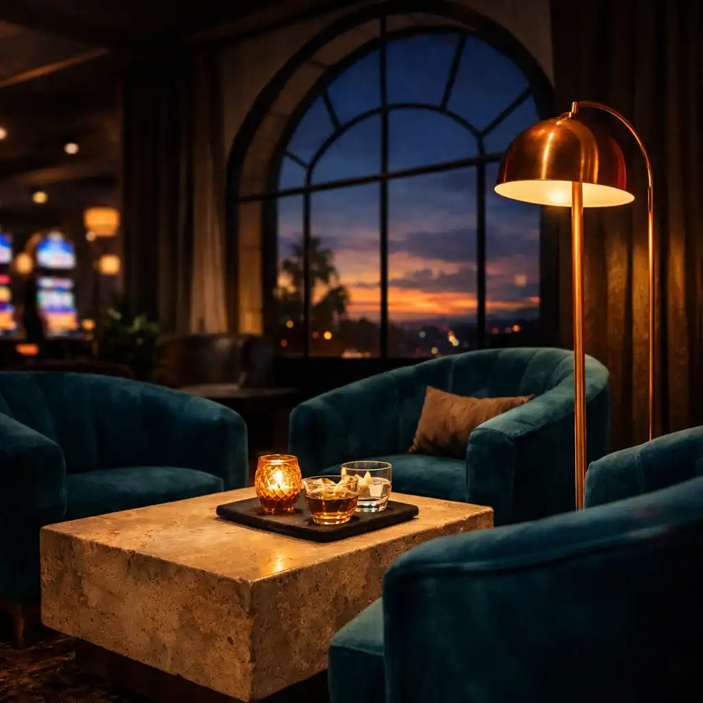 Lounge seating area with deep petrol velvet armchairs, a sandstone coffee table, and a copper floor lamp beside an arched window