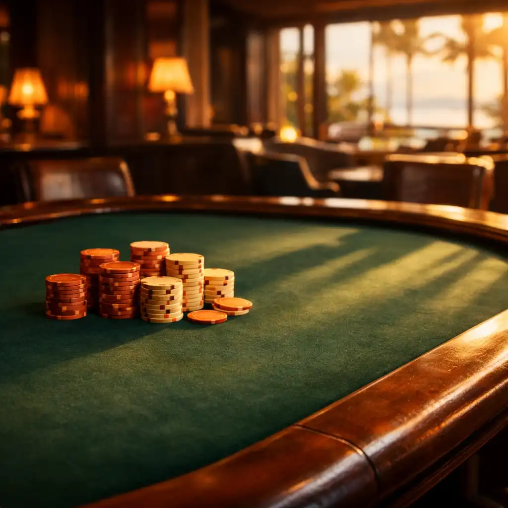 Elegant poker table with copper and cream chips in a warmly lit resort room