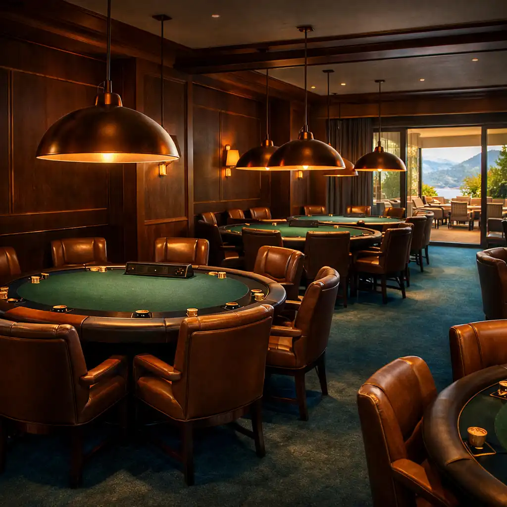 Interior of the dedicated poker room with round tables, pendant lights and dark wood panelling