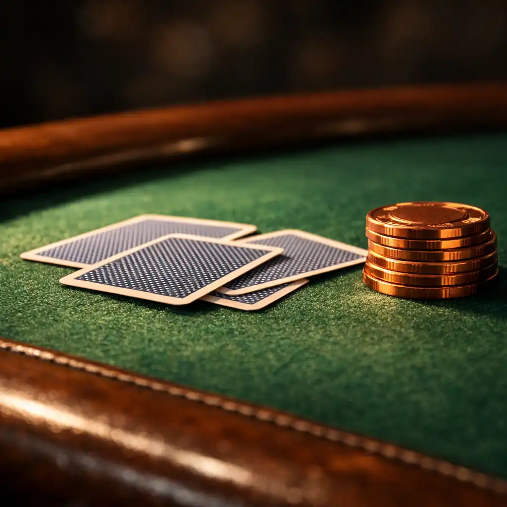 Close-up of green poker table felt, playing cards and copper chips