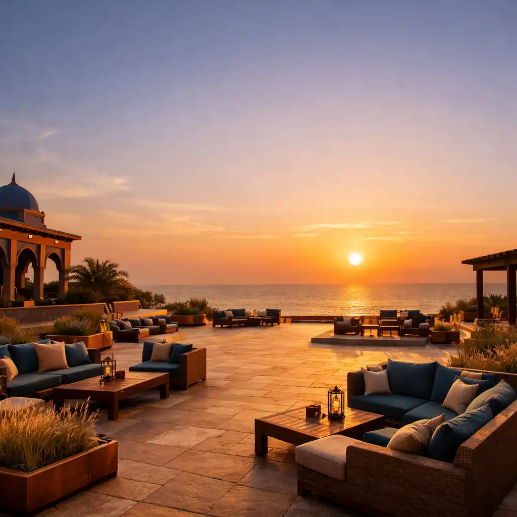 Sunset over the Copper Palace Resort terrace with lounge seating and native grasses