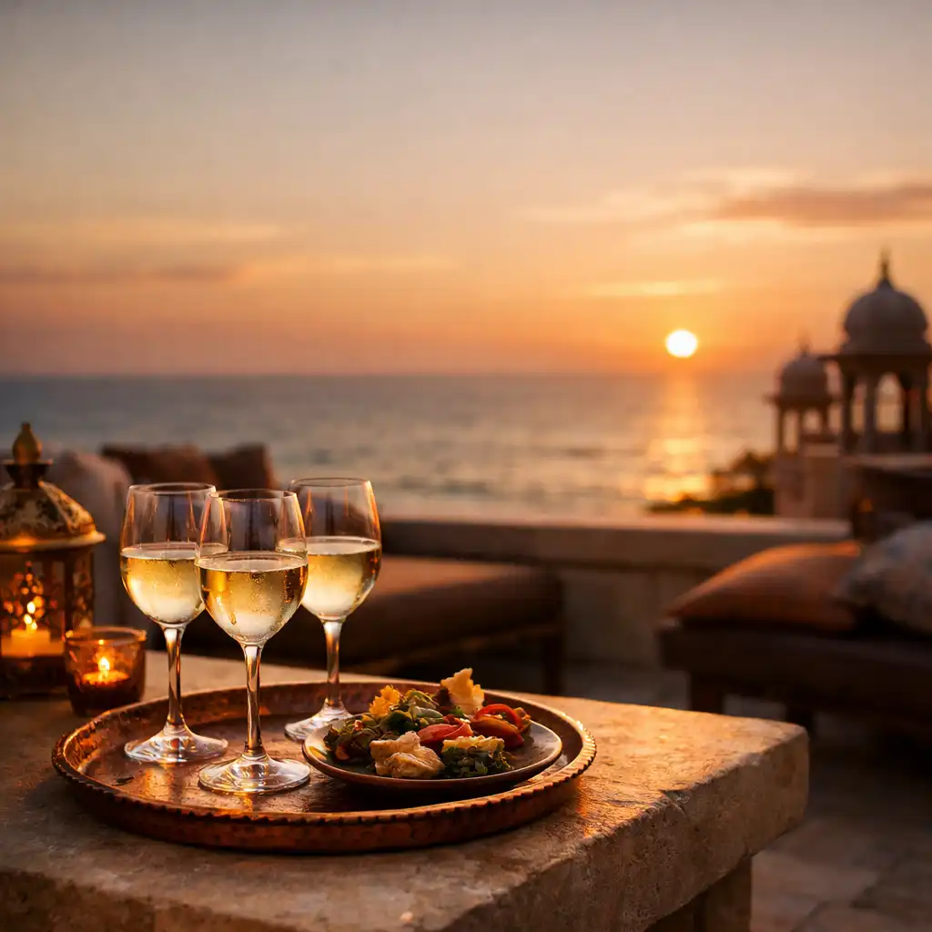 Sunset Terrace Ritual with chilled wine and native-inspired canapés overlooking the ocean
