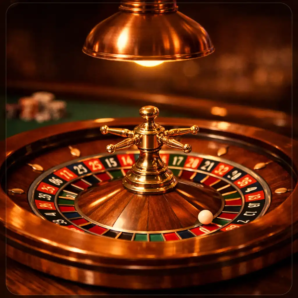 Close-up of a roulette wheel on a polished wooden table under warm copper light