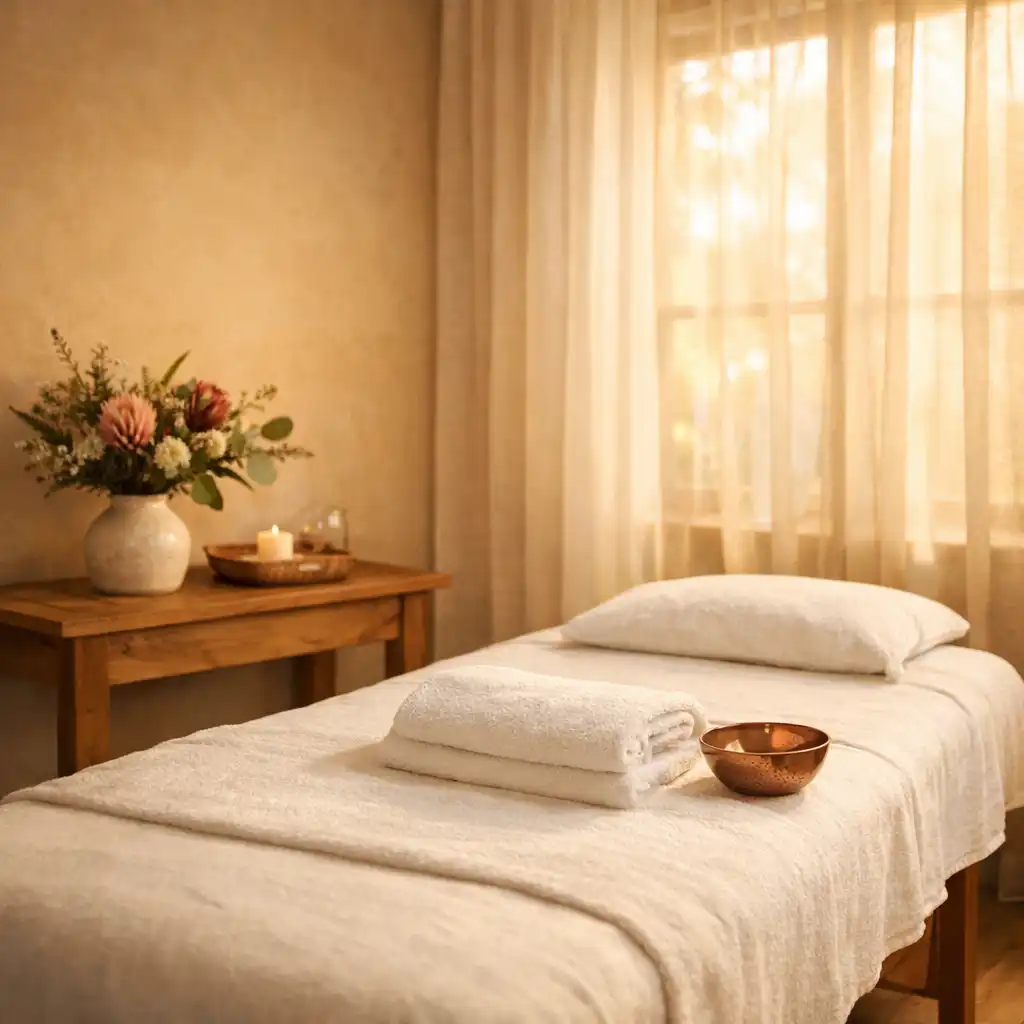 Softly lit spa treatment room with a massage table, warm sandstone walls and sheer curtains
