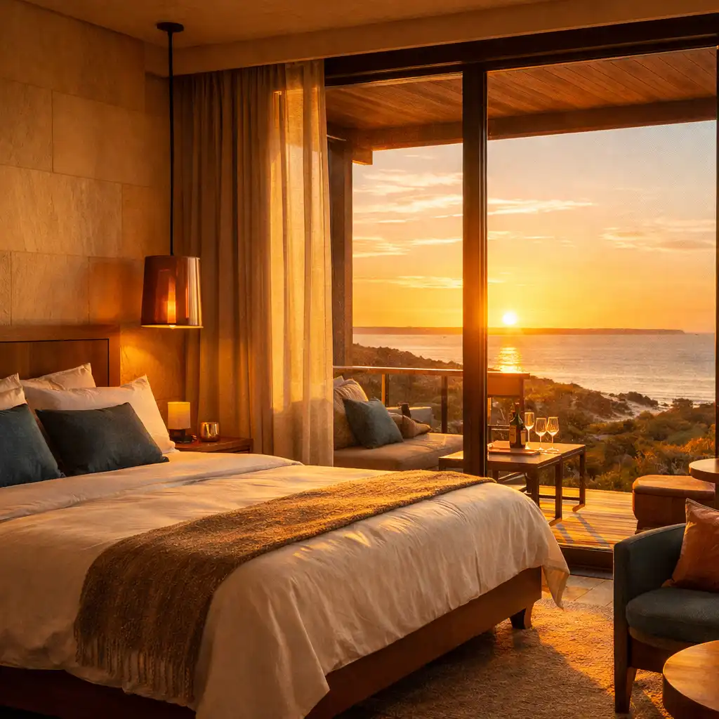 Sunlit resort bedroom with floor-to-ceiling windows overlooking a Western Australian sunset