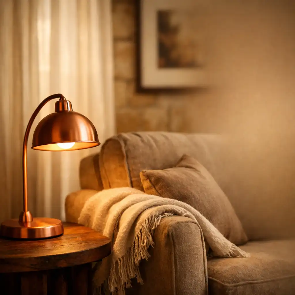 Copper lamp on a timber side table beside a plush armchair in a warm resort room