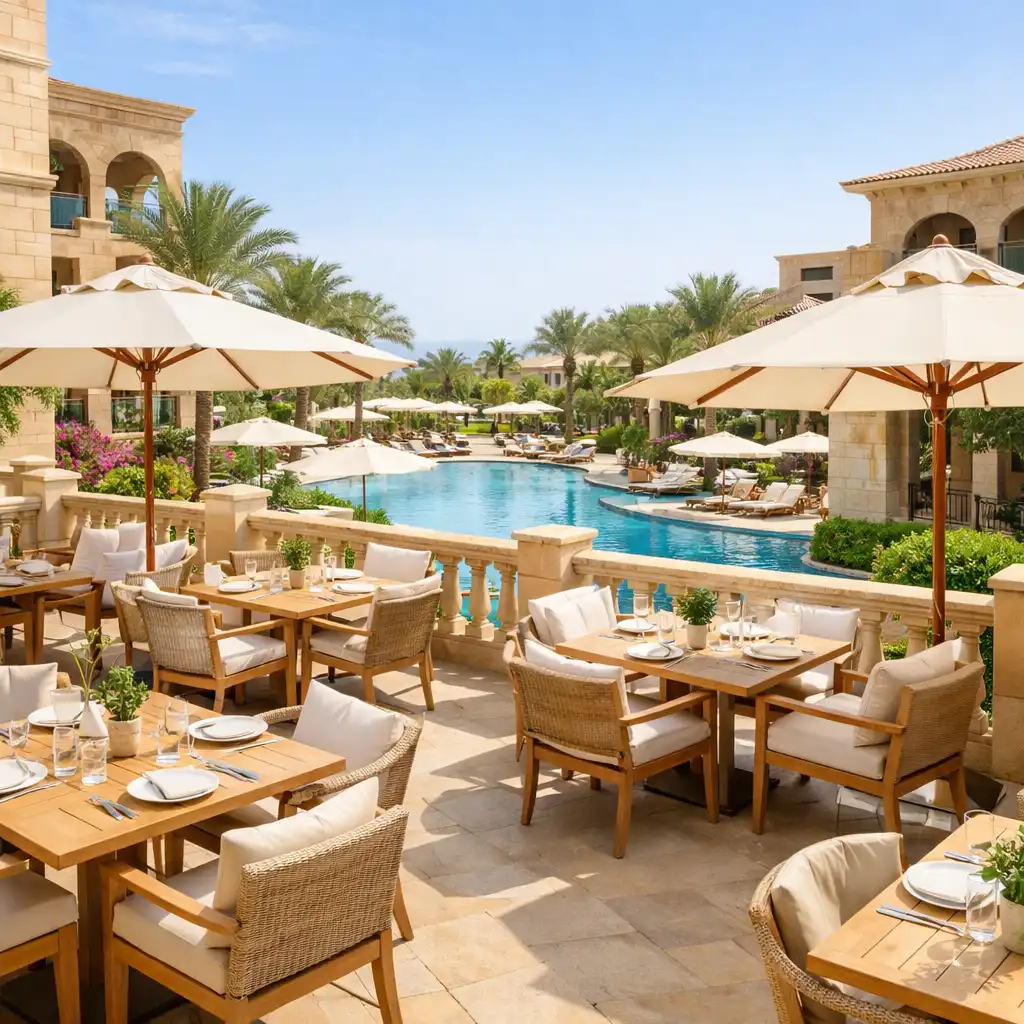 Outdoor terrace dining area with light wooden tables, shaded by umbrellas, overlooking a pool and gardens